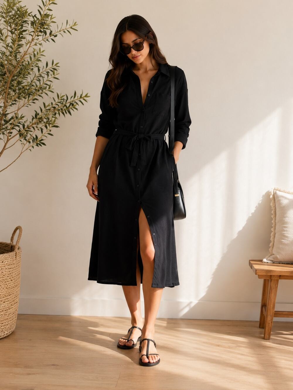 NWT Monteau Los Angeles Black Button Front Shirt Dress Size Small Tie Waist